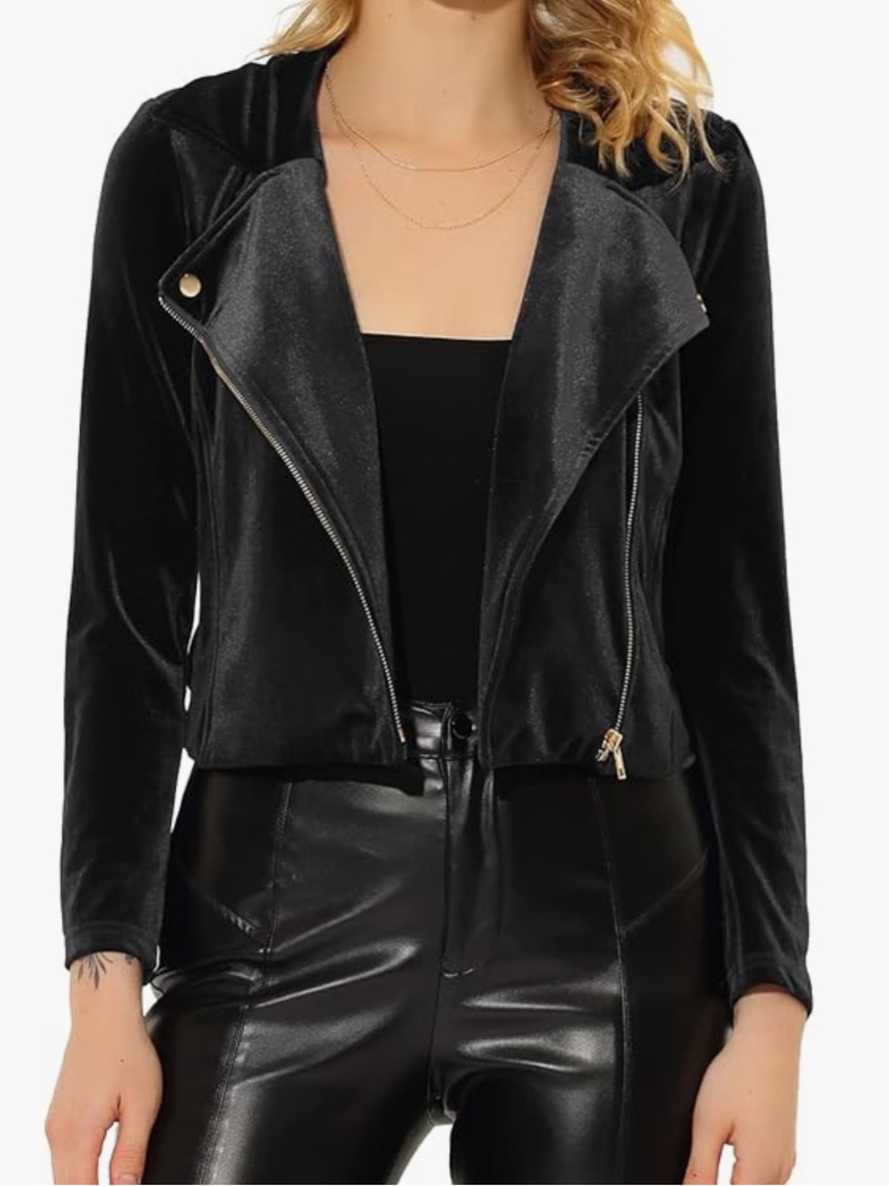 NEW SHEIN Black Velvet Notched Lapel Moto Jacket - Size M
